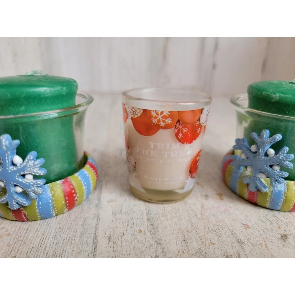 Mini candle Xmas set snowflake green holder home decor striped‎ unique